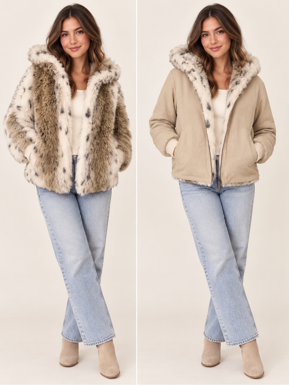 Y2K Reversible Faux Fur Hooded Bomber Jacket Coat L Tan Animal Print Mobwife